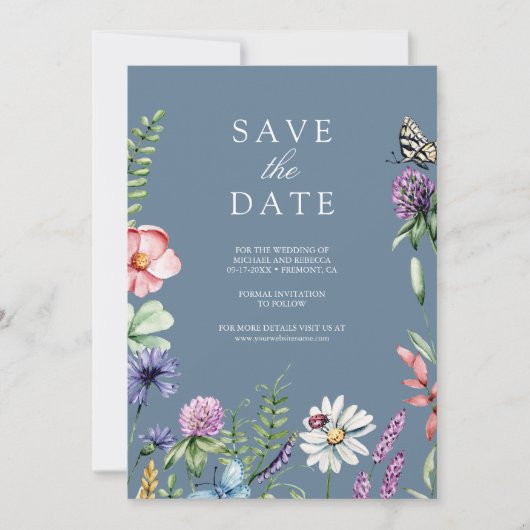 Save The Date Fleur sauvage Photo QR Code Dusty Blue Mariage (Devant)