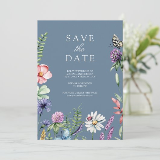 Save The Date Fleur sauvage Photo QR Code Dusty Blue Mariage (Debout devant)