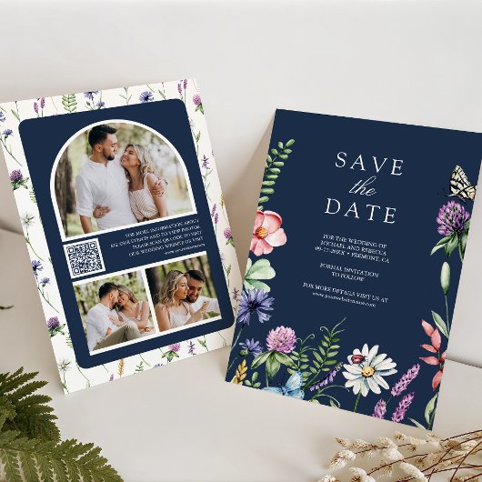 Save The Date Fleur sauvage Photo QR Code Marine Mariage bleu