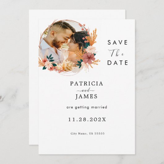 Save The Date Fleur sauvage rustique Boho | Mariage personnalisé (Devant / Derrière)