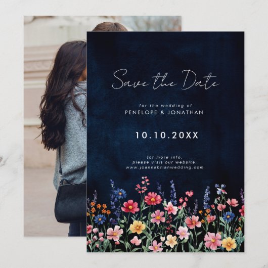 Save The Date Fleur sauvage Rustique Pays Boho Floral Navy Photo (Devant / Derrière)