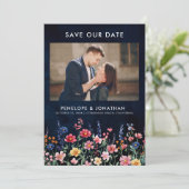 Save The Date Fleur sauvage Rustique Pays Boho Floral Navy Photo (Debout devant)
