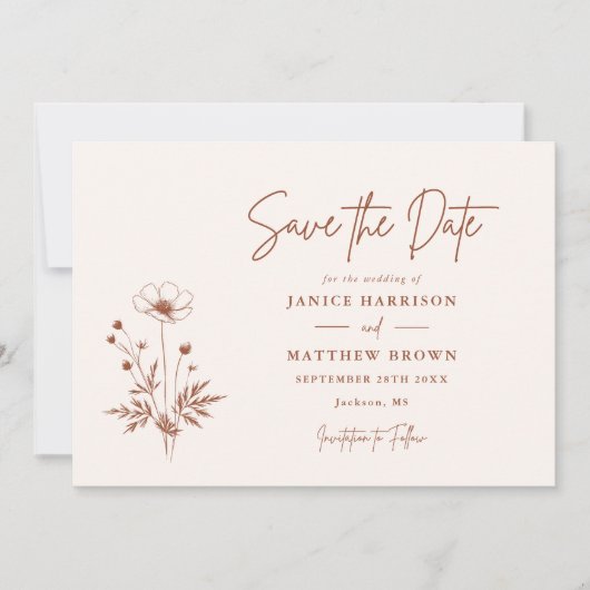 Save The Date Fleur sauvage rustique Terracotta Boho Mariage pho (Devant)