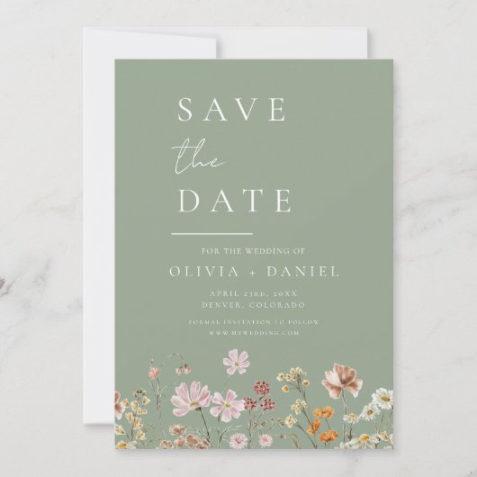 Save The Date Fleur sauvage Sage Green Photo QR Code Enregistrer (Devant)
