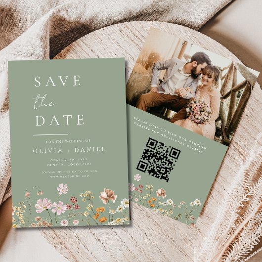 Save The Date Fleur sauvage Sage Green Photo QR Code Enregistrer