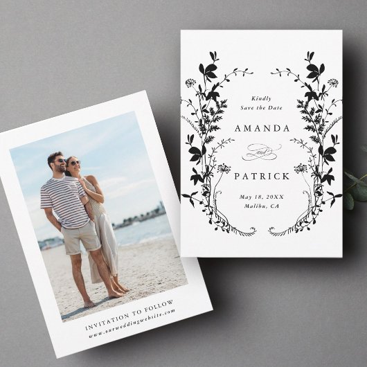 Save The Date Fleur sauvage Silhouette Mariage photo noir et bla