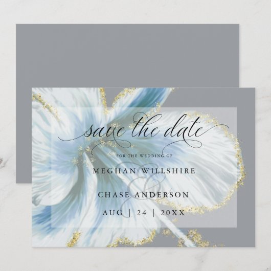Save The Date Fleur Tropicale Bleu Poussiéreux Aquarelle (Devant / Derrière)