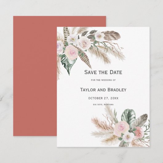 Save The Date Fleur tropicale Herbe de Pampas, Plumes, Rustique (Devant / Derrière)