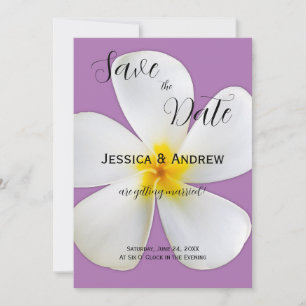 Save The Date Fleur tropicale, Plumeria blanc, Lavande, Mariage