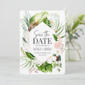Save The Date Fleur tropicale rose, sarcelle et orchidée (Debout devant)