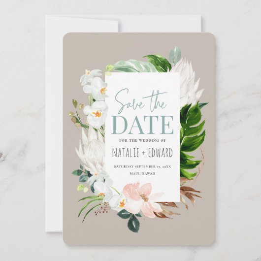 Save The Date Fleur tropicale rose, sarcelle et orchidée (Devant)