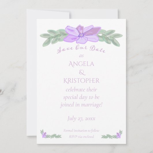 Save The Date Fleur violette aquarelle Sauvegarder notre date / (Devant)