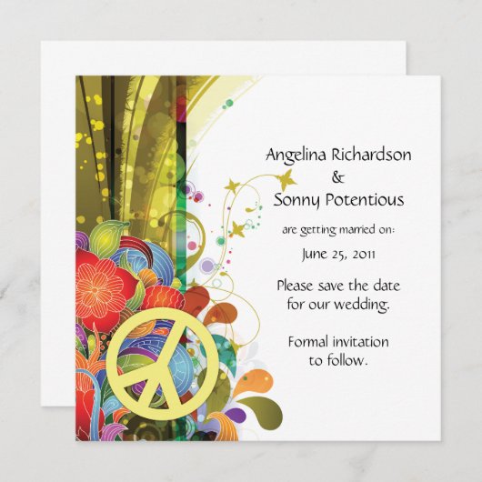 Save The Date Fleurs Abstraites et Signe de Paix Enregistrer la (Devant / Derrière)