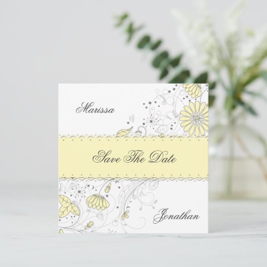 Save The Date Fleurs Abstraites Gris Jaune Pâle Enregistrer La D (Debout devant)