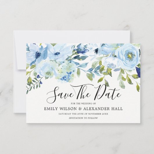 Save The Date Fleurs Aquarelles Bleu Ciel Mariage Moderne (Devant)