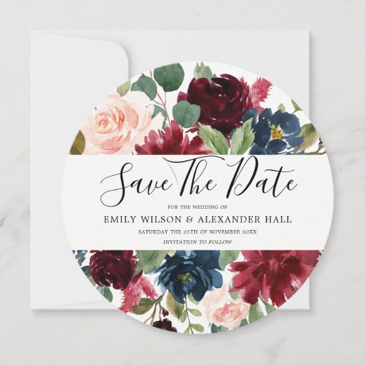 Save The Date Fleurs aquarelles bordeaux mariage moderne (Devant)