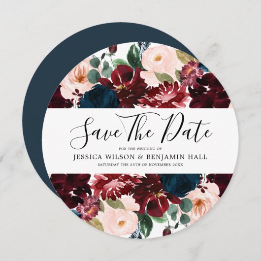Save The Date Fleurs aquarelles Burgundy Navy Blush (Devant / Derrière)