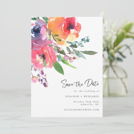Save The Date Fleurs aquarelles Moderne Élégant Mariage Script (Debout devant)
