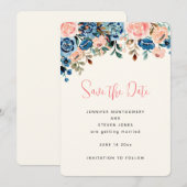 Save The Date Fleurs aquarelles roses et bleues de mariage (Devant / Derrière)