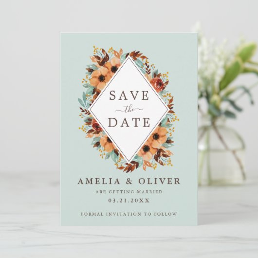 Save The Date Fleurs aquarelles vert menthe rustique (Debout devant)