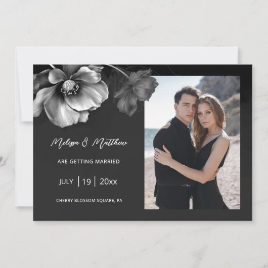 Save The Date Fleurs Argentées Mariage Noir (Devant)