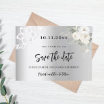 Save The Date Fleurs blanches argentées en dentelle<br><div class="desc">Un moderne et élégant Save the Date pour une fête de 50e anniversaire. Un arrière - plan à l'aspect faux argenté, décoré de fleurs blanches et de dentelle blanche. Personnalisez et ajoutez une date et un nom. Le texte : Save the Date est écrit avec un grand script de style...</div>