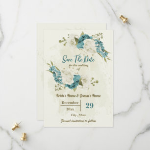 Save The Date fleurs blanches d'ivoire bleu