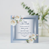 Save The Date Fleurs blanches Élégant Bleu Gris (Debout devant)