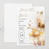 Save The Date Fleurs blanches et dorées de mariage (Devant / Derrière)