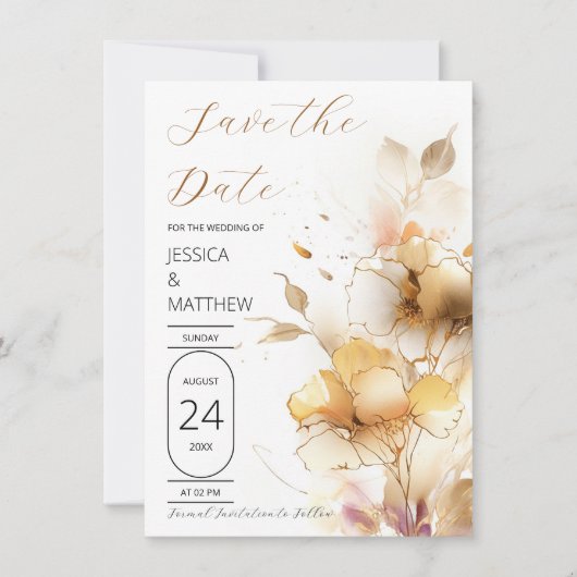 Save The Date Fleurs blanches et dorées de mariage (Devant)