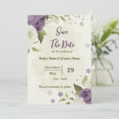 Save The Date fleurs blanches et mauves mariage botanique (Debout devant)