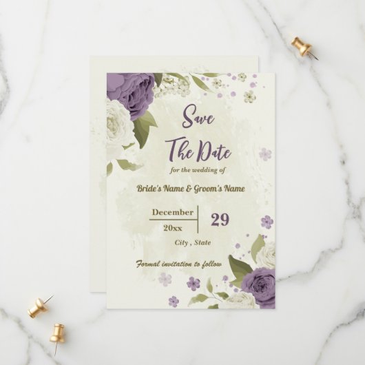 Save The Date fleurs blanches et mauves mariage botanique (Devant/Arrière en situation)