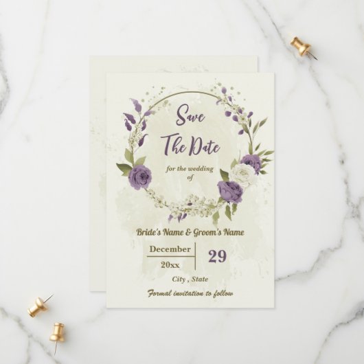 Save The Date fleurs blanches et mauves mariage botanique (Devant/Arrière en situation)