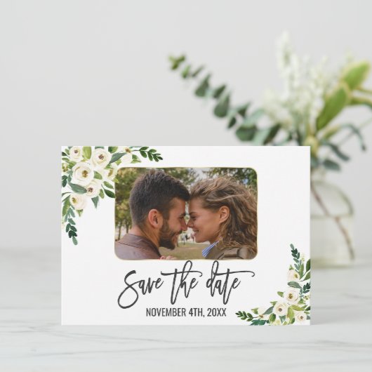 Save The Date Fleurs Blanches Fleurissant Photo Enregistrer La D (Debout devant)