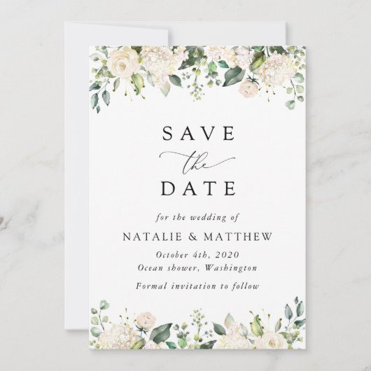 Save The Date Fleurs blanches, Fleurs de crème, Verdure, Mariage (Devant)