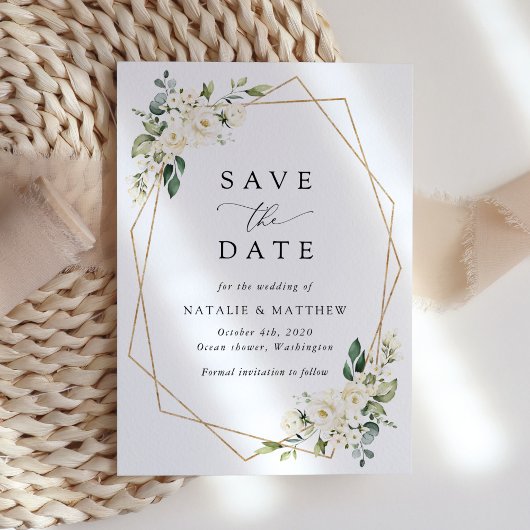 Save The Date Fleurs blanches, Fleurs de crème, Verdure, Mariage