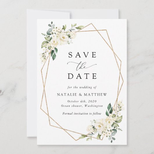 Save The Date Fleurs blanches, Fleurs de crème, Verdure, Mariage (Devant)