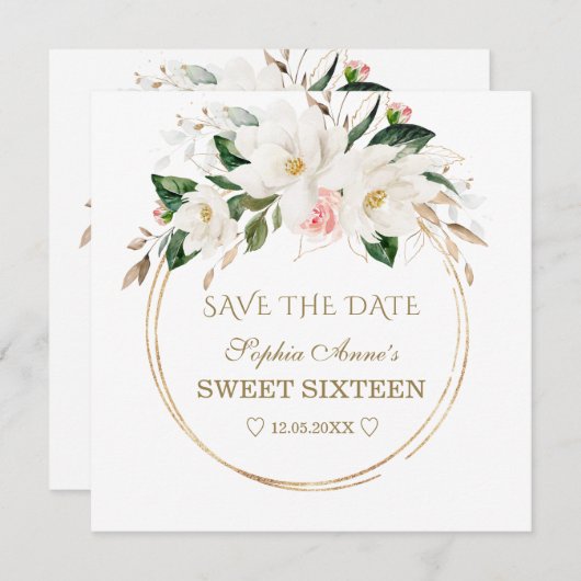 Save The Date Fleurs blanches Magnolia Sweet sixteen Or (Devant / Derrière)