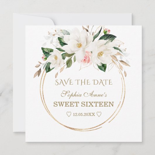 Save The Date Fleurs blanches Magnolia Sweet sixteen Or (Dos)