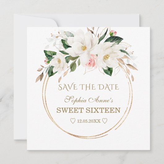 Save The Date Fleurs blanches Magnolia Sweet sixteen Or (Devant)