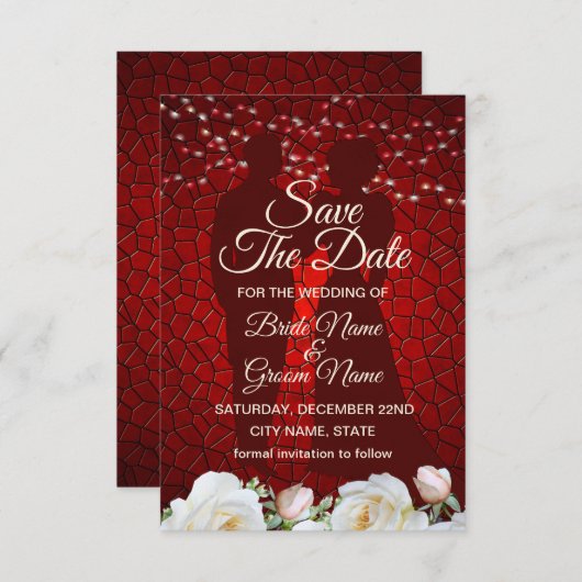 Save The Date Fleurs blanches Mariages rouges modernes (Devant / Derrière)