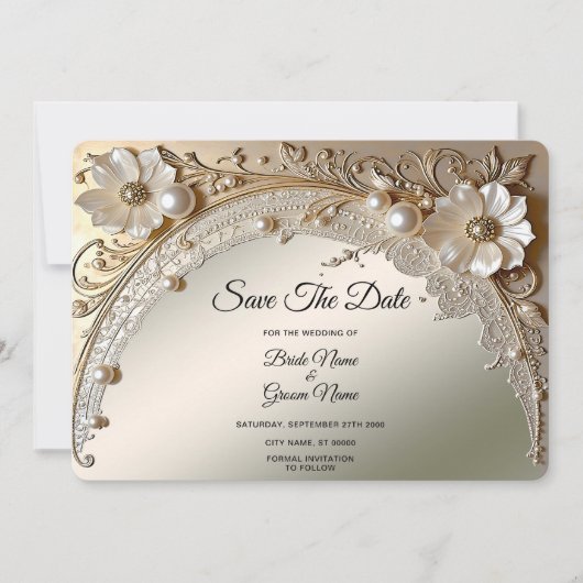 Save The Date Fleurs Blanches Modernes Perles Enregistrez La Dat (Devant)