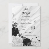 Save The Date fleurs blanches noires marbre feuille gris (Devant)