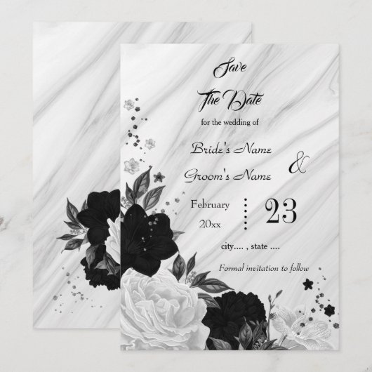 Save The Date fleurs blanches noires marbre feuille gris (Devant / Derrière)