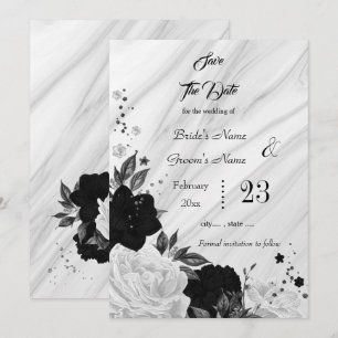 Save The Date fleurs blanches noires marbre feuille gris