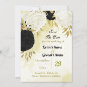 Save The Date fleurs blanches noires or feuilles (Devant)
