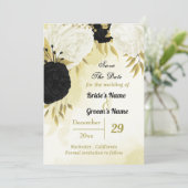 Save The Date fleurs blanches noires or feuilles (Debout devant)