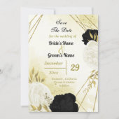 Save The Date fleurs blanches noires or feuilles (Devant)