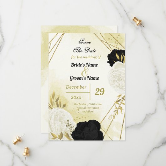Save The Date fleurs blanches noires or feuilles (Devant/Arrière en situation)