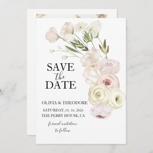 Save The Date Fleurs blanches Pampas Végétation en herbe Succule (Devant / Derrière)